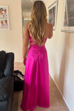 Niulatu A Line Spaghetti Straps Hot Pink Long Satin Prom Dresses Formal Evening Dress SD2398