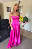 Niulatu A Line Spaghetti Straps Hot Pink Long Satin Prom Dresses Formal Evening Dress SD2398