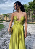 Niulatu A Line Halter Green Long Satin Prom Dresses Formal Evening Dress SD2400