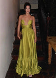 Niulatu A Line Halter Green Long Satin Prom Dresses Formal Evening Dress SD2400