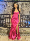 Niulatu Mermaid Spaghetti Straps Hot Pink Long Satin Prom Dresses Formal Evening Dress SD2411