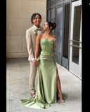 Niulatu Mermaid Spaghetti Straps Sage Green Long Satin Prom Dresses Formal Evening Dress SD2416