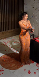Niulatu Mermaid Strapless Floor Length Orange Lace Sequin Evening Dress Prom Dresses SD2418
