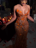 Niulatu Mermaid Strapless Floor Length Orange Lace Sequin Evening Dress Prom Dresses SD2418