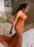 Niulatu Mermaid Strapless Floor Length Orange Lace Sequin Evening Dress Prom Dresses SD2418