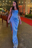Niulatu Mermaid Spaghetti Straps Neckline Long Party Dress Satin Blue Slit Prom Dresses SD2423