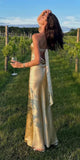 Niulatu Mermaid Strapless Neckline Long Party Dress Satin Yellow Prom Dresses SD2424