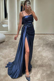 Niulatu Mermaid Strapless Neckline Long Party Dress Satin Navy Blue Slit Prom Dresses SD2429