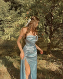 Niulatu Mermaid Off The Shoulder Neckline Light Blue Long Party Dress Prom Dresses SD2435