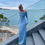 Niulatu Mermaid Spaghetti Straps Off The Shoulder Neckline Light Blue Long Party Dress Prom Dresses SD2436