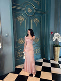 Niulatu Mermaid Square Neckline Pink Satin Long Party Dress Prom Dresses SD2439
