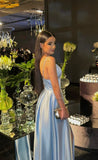 Niulatu A line Spaghetti Straps Light Blue Long Party Dress Prom Dresses SD2440
