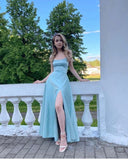 Niulatu A line Spaghetti Straps Light Blue Long Party Dress Slit Prom Dresses SD2441