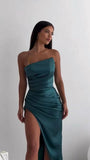 Niulatu Sheath Strapless Neckline Slit Satin Long Party Dress Prom Dresses SD2446
