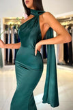 Niulatu Sheath High Neckline Satin Long Party Dress Green Prom Dresses SD2448