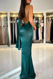 Niulatu Sheath High Neckline Satin Long Party Dress Green Prom Dresses SD2448
