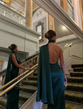 Niulatu Sheath High Neckline Satin Long Party Dress Green Prom Dresses SD2448