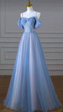 Niulatu A Line Spaghetti Straps Long Party Dress Blue Prom Dresses SD2449