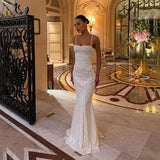 Niulatu Mermaid Spaghetti Straps Long White Prom Dresses Formal Graduation Party Dress Evening Dress SD2461