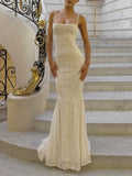 Niulatu Mermaid Spaghetti Straps Long White Prom Dresses Formal Graduation Party Dress Evening Dress SD2461