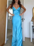 Niulatu Spaghetti Strap Sleeveless Mermaid Satin Long Backless Prom Dresses SD2470