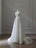 Niulatu A Line V Neckline Sequin Sleeveless White Wedding Dresses Brides Dress SD2473