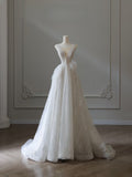 Niulatu A Line V Neckline Sequin Sleeveless White Wedding Dresses Brides Dress SD2473