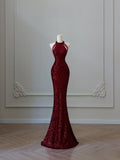 Niulatu Mermaid Scoop Neckline Burgundy Sequin Long Party Dress Prom Dresses SD2474