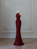 Niulatu Mermaid Scoop Neckline Burgundy Sequin Long Party Dress Prom Dresses SD2474