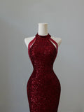 Niulatu Mermaid Scoop Neckline Burgundy Sequin Long Party Dress Prom Dresses SD2474