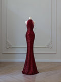 Niulatu Mermaid Scoop Neckline Burgundy Sequin Long Party Dress Prom Dresses SD2474