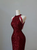 Niulatu Mermaid Scoop Neckline Burgundy Sequin Long Party Dress Prom Dresses SD2474