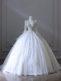 Niulatu Ball Gown V Neckline Sequin Long Sleeves Wedding Dresses Bridal Dress SD2483
