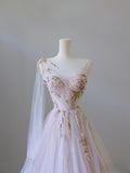 Niulatu A line One Shoulder Tulle Lace Long Evening Dress Prom Dresses SD2486