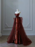 Niulatu Mermaid Strapless Burgundy Sequin Long Evening Dress Prom Dresses SD2492