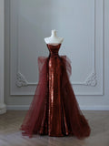 Niulatu Mermaid Strapless Burgundy Sequin Long Evening Dress Prom Dresses SD2492