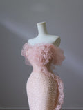 Niulatu Mermaid Strapless Pink Sequin Long Evening Dress Prom Dresses SD2495