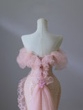 Niulatu Mermaid Strapless Pink Sequin Long Evening Dress Prom Dresses SD2495