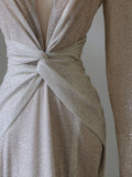 Niulatu Mermaid V Neckline Long Sleeves Sequin Ruffles Long Evening Dress Prom Dresses SD2499