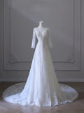 Niulatu A line V Neckline Tulle White Lace Long Wedding Dress Bridal Dresses SD2503