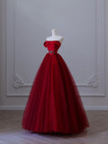 Niulatu Balll Gown Strapless Red Tulle Long Evening Dress Prom Dresses SD2516