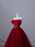 Niulatu Balll Gown Strapless Red Tulle Long Evening Dress Prom Dresses SD2516