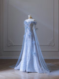 Niulatu Balll Gown Sweetheart Floral Blue Tulle Long Evening Dress Prom Dresses SD2518