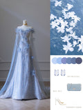Niulatu Balll Gown Sweetheart Floral Blue Tulle Long Evening Dress Prom Dresses SD2518