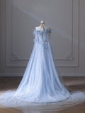 Niulatu Balll Gown Sweetheart Floral Blue Tulle Long Evening Dress Prom Dresses SD2518