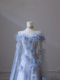 Niulatu Balll Gown Sweetheart Floral Blue Tulle Long Evening Dress Prom Dresses SD2518