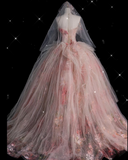 Niulatu Ball Gown Sweetheart Pink Floral Tulle Long Evening Dress Prom Dresses SD2525