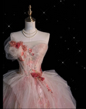 Niulatu Ball Gown Sweetheart Pink Floral Tulle Long Evening Dress Prom Dresses SD2525