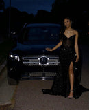 Pretty Sparkly Mermaid Strapless Black Prom Dress With Slit Graduation Dress HZ1214