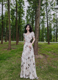 Niulatu A line V Neckline Floral Long Prom Dresses Birthday Dress For Women SD252